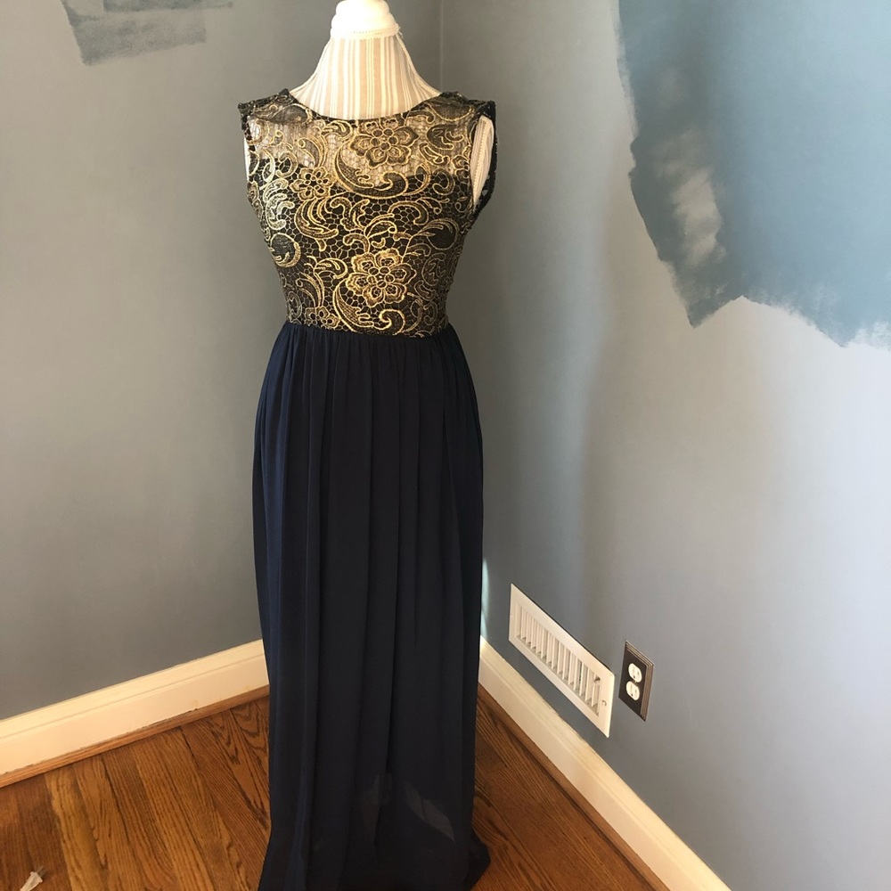 Elegant Navy and Gold Lace Evening Gown